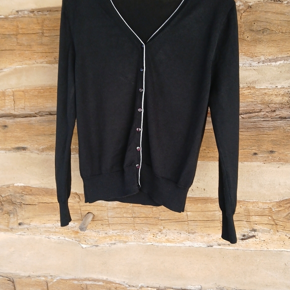 Bella Colori Black & White V Neck Silk & Cotton Cardigan Medium - Picture 3 of 9